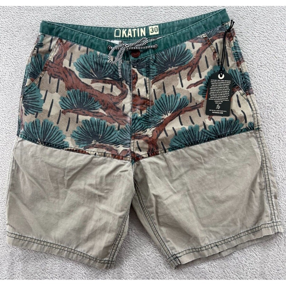 Katin Board Shorts Men's Size 30 Green Tan Pine Tree Hybrid Surf Swim Trunks